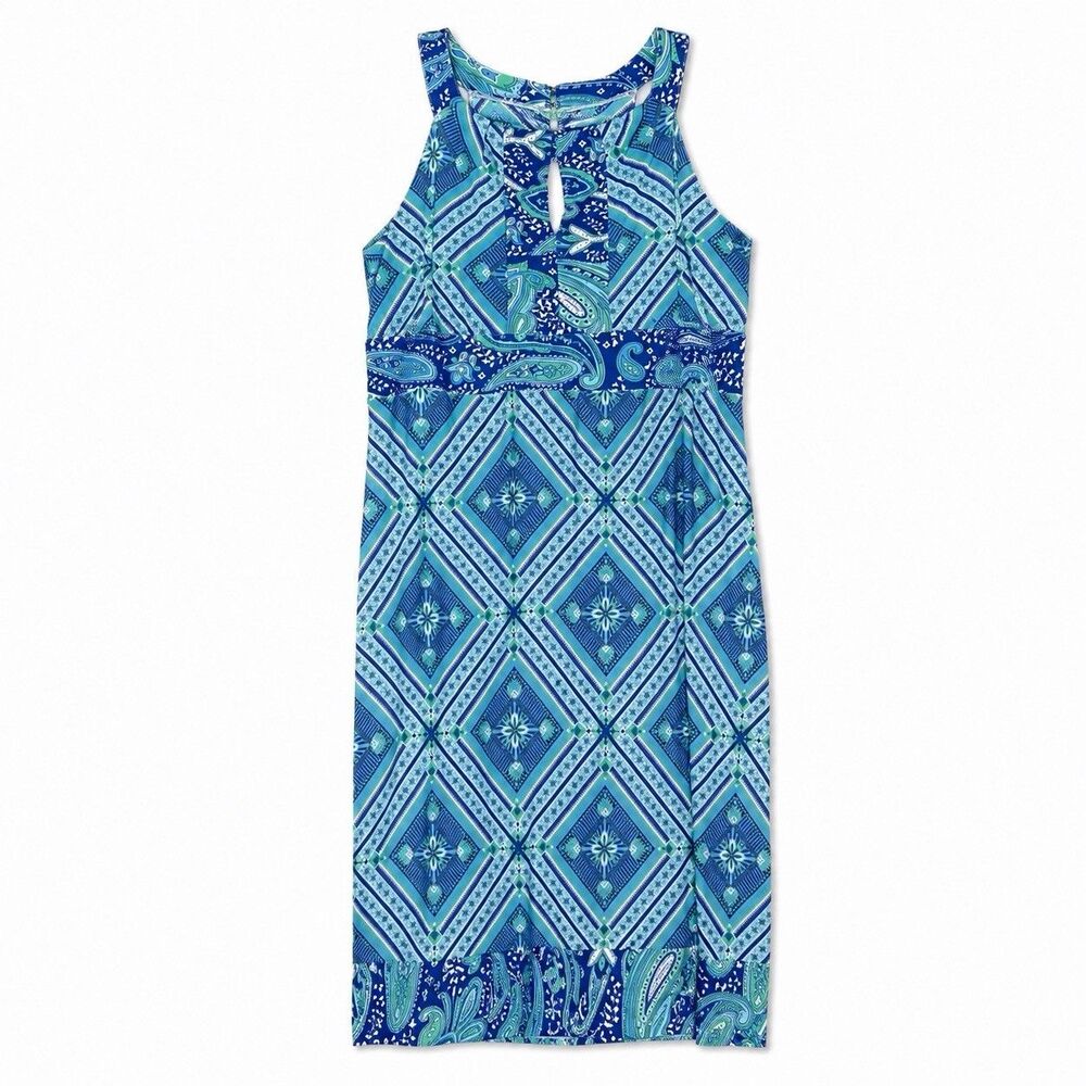 Ava Lynn Dress Women's Medium Blue Paisley High Neck Sleeveless Boho Knee Length